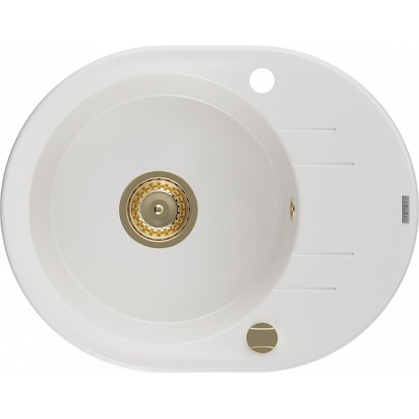 Mexen Kevin   Chiuveta bucatarie granit rotund + cadou pop up sifon 586 x 458 mm, alb , sifon  auriu  - 6517581005-20-G