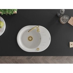 Mexen Kevin   Chiuveta bucatarie granit rotund + cadou pop up sifon 586 x 458 mm, alb , sifon  auriu  - 6517581005-20-G