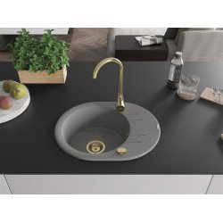 Mexen Kevin   Chiuveta bucatarie granit rotund + cadou pop up sifon 586 x 458 mm, gri , sifon  auriu  - 6517581005-71-G