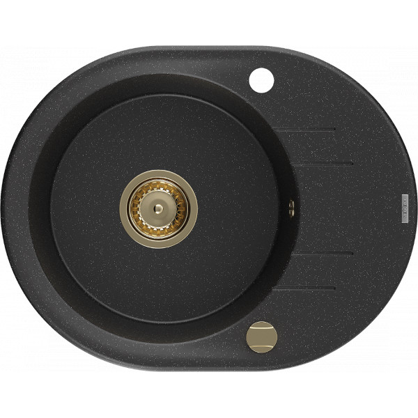 Mexen Kevin   Chiuveta bucatarie granit rotund + cadou pop up sifon 586 x 458 mm, negru / chrom, sifon  auriu  - 6517581005-73-G