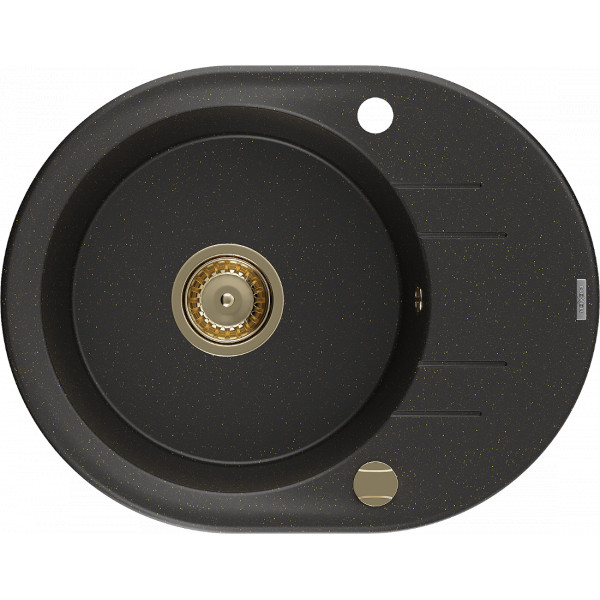 Mexen Kevin   Chiuveta bucatarie granit rotund + cadou pop up sifon 586 x 458 mm, negru / auriu, sifon  auriu  - 6517581005-75-G