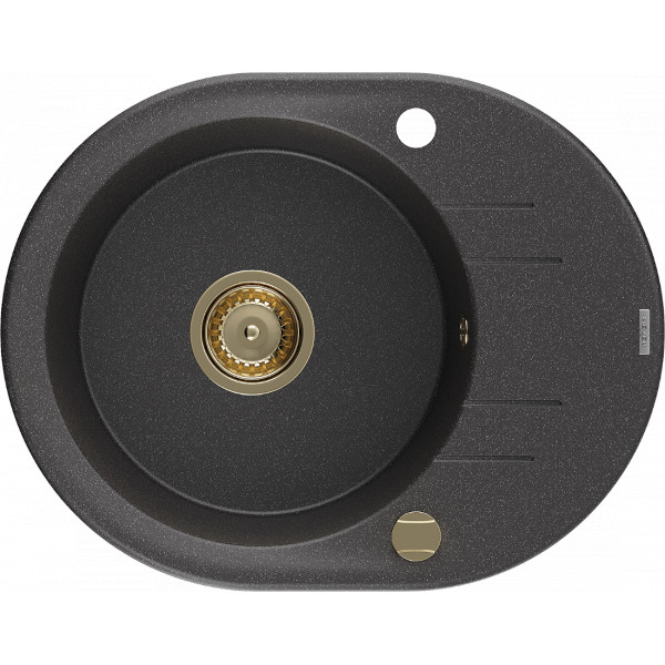 Mexen Kevin   Chiuveta bucatarie granit rotund + cadou pop up sifon 586 x 458 mm, negru  piatra, sifon  auriu  - 6517581005-76-G