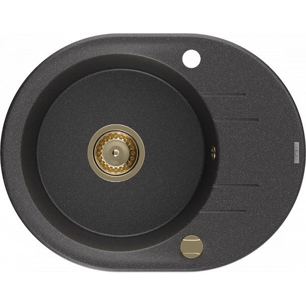 Mexen Kevin   Chiuveta bucatarie granit rotund + cadou pop up sifon 586 x 458 mm, negru  piatra, sifon  auriu  - 6517581005-76-G