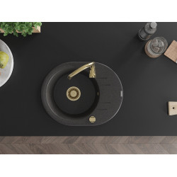 Mexen Kevin   Chiuveta bucatarie granit rotund + cadou pop up sifon 586 x 458 mm, negru  piatra, sifon  auriu  - 6517581005-76-G