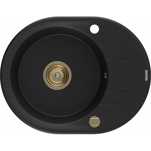 Mexen Kevin   Chiuveta bucatarie granit rotund + cadou pop up sifon 586 x 458 mm, negru , sifon  auriu  - 6517581005-77-G