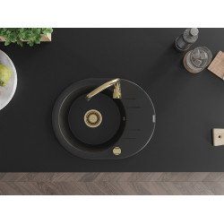 Mexen Kevin   Chiuveta bucatarie granit rotund + cadou pop up sifon 586 x 458 mm, negru , sifon  auriu  - 6517581005-77-G