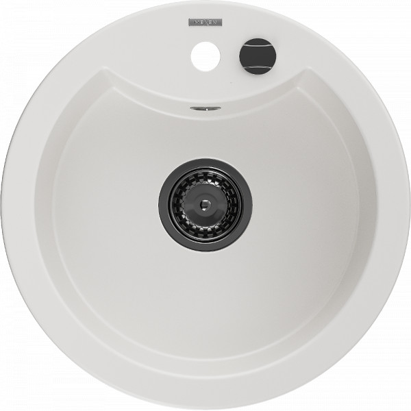 Mexen Diego   Chiuveta bucatarie granit rotund+ cadou pop up sifon  488 x 480 mm, alb , sifon  negru  - 6512481000-20-B