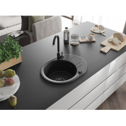 Mexen Kevin   Chiuveta bucatarie granit rotund + cadou pop up sifon 586 x 458 mm, negru , sifon  negru  - 6517581005-77-B Rotund 467680 Mexen
