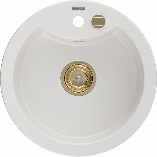 Mexen Diego   Chiuveta bucatarie granit rotund+ cadou pop up sifon  488 x 480 mm, alb , sifon  auriu  - 6512481000-20-G