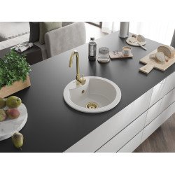 Mexen Diego   Chiuveta bucatarie granit rotund+ cadou pop up sifon  488 x 480 mm, alb , sifon  auriu  - 6512481000-20-G