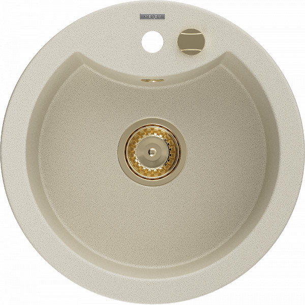 Mexen Diego   Chiuveta bucatarie granit rotund+ cadou pop up sifon  488 x 480 mm, beige, sifon  auriu  - 6512481000-69-G