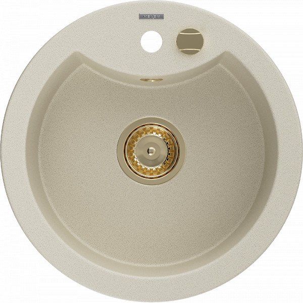 Mexen Diego   Chiuveta bucatarie granit rotund+ cadou pop up sifon  488 x 480 mm, beige, sifon  auriu  - 6512481000-69-G