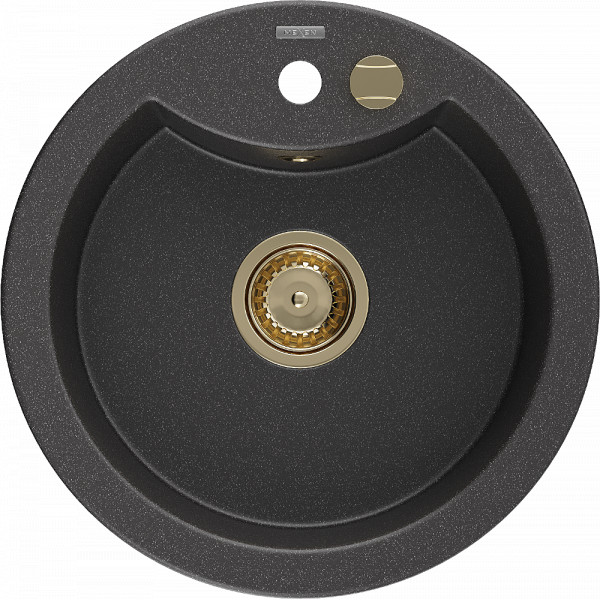 Mexen Diego   Chiuveta bucatarie granit rotund+ cadou pop up sifon  488 x 480 mm, negru  piatra, sifon  auriu  - 6512481000-76-G