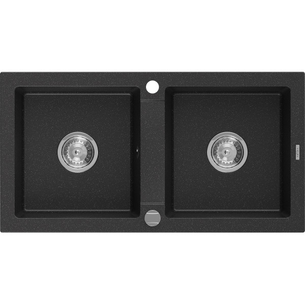 Mexen Mario   Chiuveta bucatarie granit 2 cuva+ cadou pop up sifon   82,6 x 43,6 cm, negru / chrom - 6504822000-73