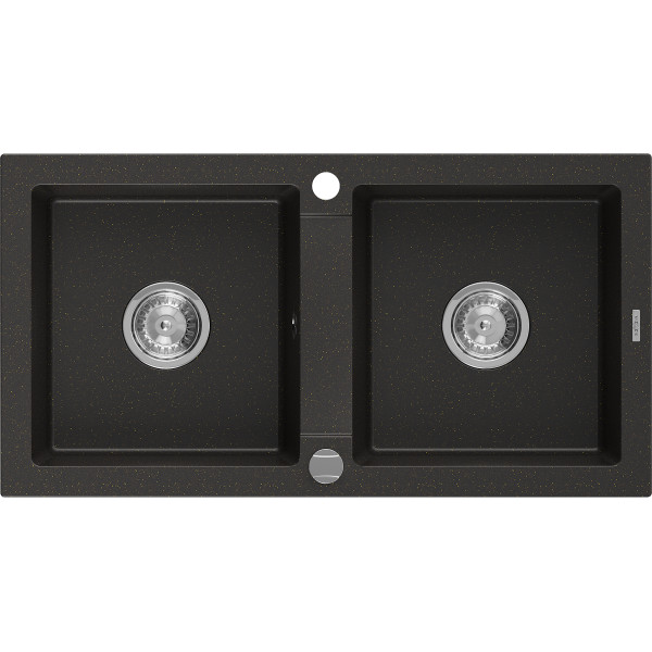 Mexen Mario   Chiuveta bucatarie granit 2 cuva+ cadou pop up sifon   82,6 x 43,6 cm, negru / auriu - 6504822000-75