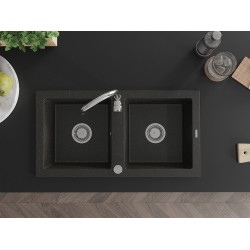 Mexen Mario   Chiuveta bucatarie granit 2 cuva+ cadou pop up sifon   82,6 x 43,6 cm, negru / auriu - 6504822000-75