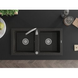 Mexen Mario   Chiuveta bucatarie granit 2 cuva+ cadou pop up sifon   82,6 x 43,6 cm, negru / auriu - 6504822000-75