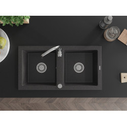 Mexen Mario   Chiuveta bucatarie granit 2 cuva+ cadou pop up sifon   82,6 x 43,6 cm, negru  piatra - 6504822000-76