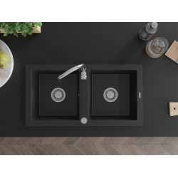 Mexen Mario   Chiuveta bucatarie granit 2 cuva+ cadou pop up sifon   82,6 x 43,6 cm, negru  - 6504822000-77