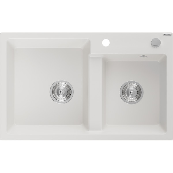 Mexen Tomas   Chiuveta bucatarie granit 2 cuva+ cadou pop up sifon  800 x 500 mm, alb , sifon   chrom - 6516802000-20