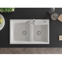 Mexen Tomas   Chiuveta bucatarie granit 2 cuva+ cadou pop up sifon  800 x 500 mm, alb , sifon   chrom - 6516802000-20