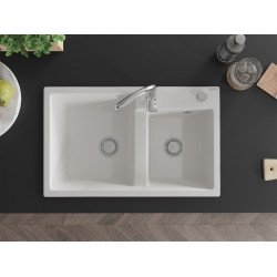 Mexen Tomas   Chiuveta bucatarie granit 2 cuva+ cadou pop up sifon  800 x 500 mm, alb , sifon   chrom - 6516802000-20