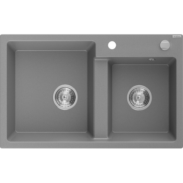 Mexen Tomas   Chiuveta bucatarie granit 2 cuva+ cadou pop up sifon  800 x 500 mm, gri , sifon   chrom - 6516802000-71