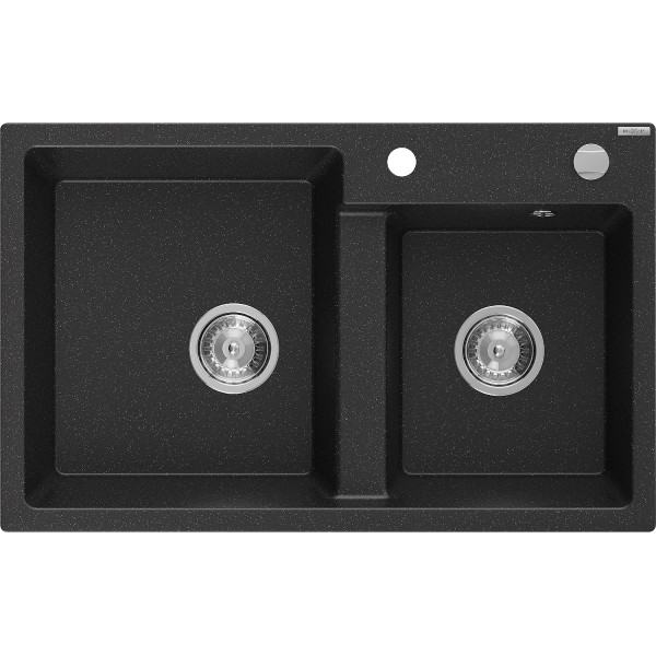 Mexen Tomas   Chiuveta bucatarie granit 2 cuva+ cadou pop up sifon  800 x 500 mm, negru / chrom, sifon   chrom - 6516802000-73