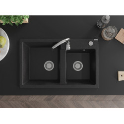 Mexen Tomas   Chiuveta bucatarie granit 2 cuva+ cadou pop up sifon  800 x 500 mm, negru / chrom, sifon   chrom - 6516802000-73