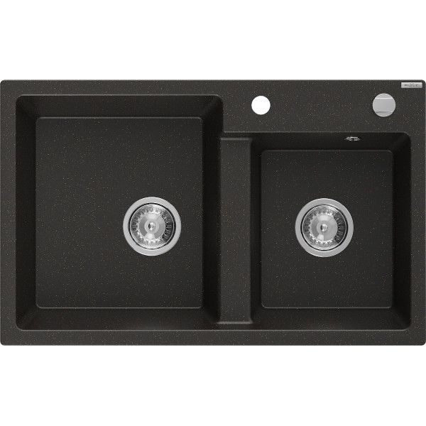 Mexen Tomas   Chiuveta bucatarie granit 2 cuva+ cadou pop up sifon  800 x 500 mm, negru / auriu, sifon   chrom - 6516802000-75