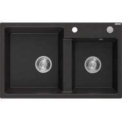 Mexen Tomas   Chiuveta bucatarie granit 2 cuva+ cadou pop up sifon  800 x 500 mm, negru / auriu, sifon   chrom - 6516802000-75 2 Cuva 467680 Mexen