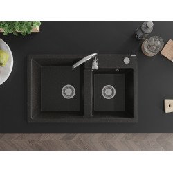 Mexen Tomas   Chiuveta bucatarie granit 2 cuva+ cadou pop up sifon  800 x 500 mm, negru / auriu, sifon   chrom - 6516802000-75