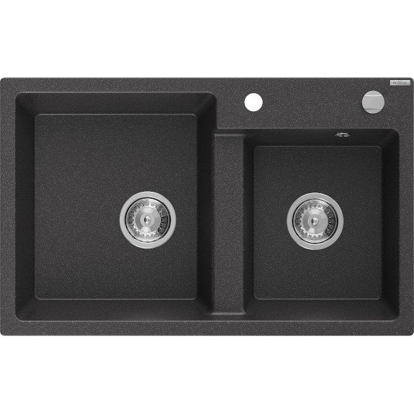 Mexen Tomas   Chiuveta bucatarie granit 2 cuva+ cadou pop up sifon  800 x 500 mm, negru  piatra, sifon   chrom - 6516802000-76