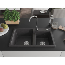 Mexen Tomas   Chiuveta bucatarie granit 2 cuva+ cadou pop up sifon  800 x 500 mm, negru  piatra, sifon   chrom - 6516802000-76