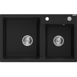 Mexen Tomas   Chiuveta bucatarie granit 2 cuva+ cadou pop up sifon  800 x 500 mm, negru , sifon   chrom - 6516802000-77 2 Cuva 467680 Mexen