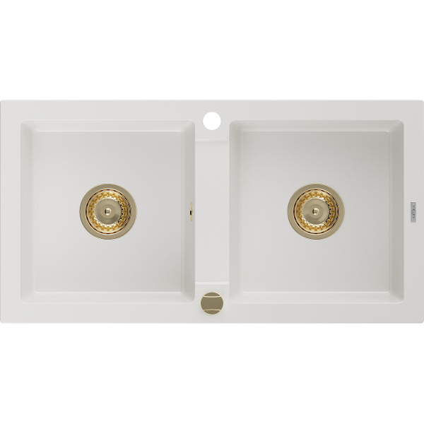 Mexen Mario   Chiuveta bucatarie granit 2 cuva+ cadou pop up sifon  820 x 436 mm, alb , sifon  auriu  - 6504822000-20-G