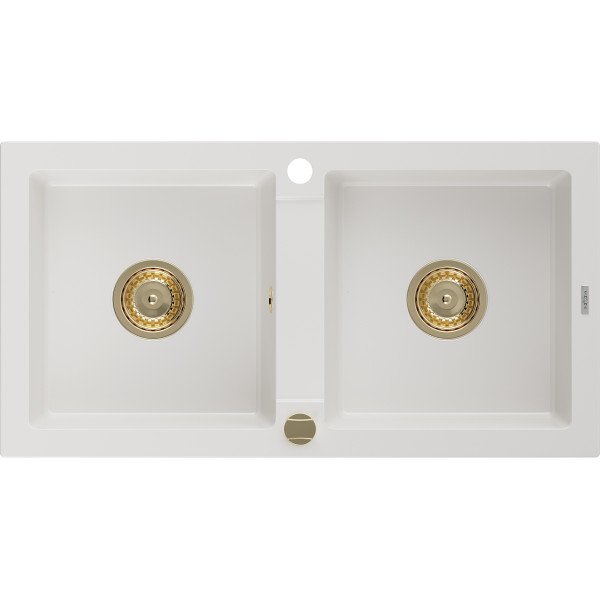 Mexen Mario   Chiuveta bucatarie granit 2 cuva+ cadou pop up sifon  820 x 436 mm, alb , sifon  auriu  - 6504822000-20-G