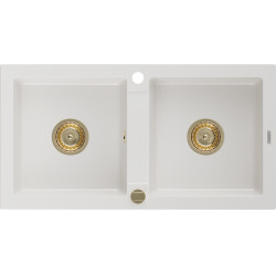 Mexen Mario   Chiuveta bucatarie granit 2 cuva+ cadou pop up sifon  820 x 436 mm, alb , sifon  auriu  - 6504822000-20-G 2 Cuva 467680 Mexen