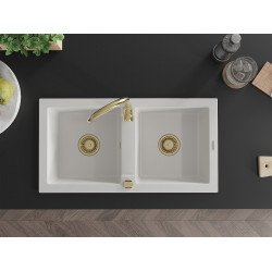 Mexen Mario   Chiuveta bucatarie granit 2 cuva+ cadou pop up sifon  820 x 436 mm, alb , sifon  auriu  - 6504822000-20-G