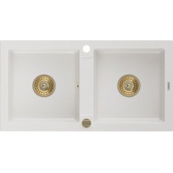 Mexen Mario   Chiuveta bucatarie granit 2 cuva+ cadou pop up sifon  820 x 436 mm, alb , sifon  auriu  - 6504822000-20-G 2 Cuva 467680 Mexen