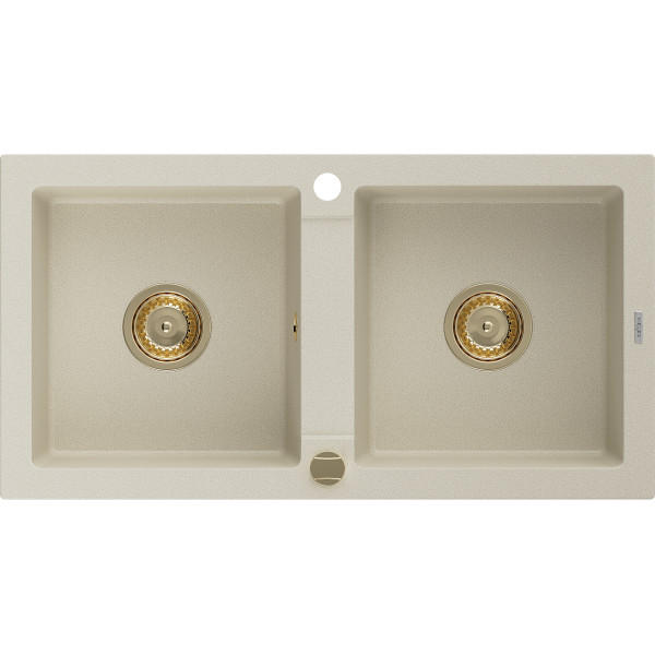 Mexen Mario   Chiuveta bucatarie granit 2 cuva+ cadou pop up sifon  820 x 436 mm, beige, sifon  auriu  - 6504822000-69-G