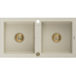 Mexen Mario   Chiuveta bucatarie granit 2 cuva+ cadou pop up sifon  820 x 436 mm, beige, sifon  auriu  - 6504822000-69-G 2 Cuva 467680 Mexen