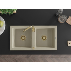 Mexen Mario   Chiuveta bucatarie granit 2 cuva+ cadou pop up sifon  820 x 436 mm, beige, sifon  auriu  - 6504822000-69-G