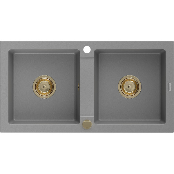 Mexen Mario   Chiuveta bucatarie granit 2 cuva+ cadou pop up sifon  820 x 436 mm, gri , sifon  auriu  - 6504822000-71-G