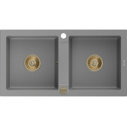 Mexen Mario   Chiuveta bucatarie granit 2 cuva+ cadou pop up sifon  820 x 436 mm, gri , sifon  auriu  - 6504822000-71-G 2 Cuva 467680 Mexen