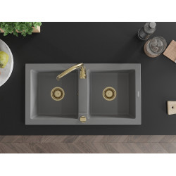 Mexen Mario   Chiuveta bucatarie granit 2 cuva+ cadou pop up sifon  820 x 436 mm, gri , sifon  auriu  - 6504822000-71-G