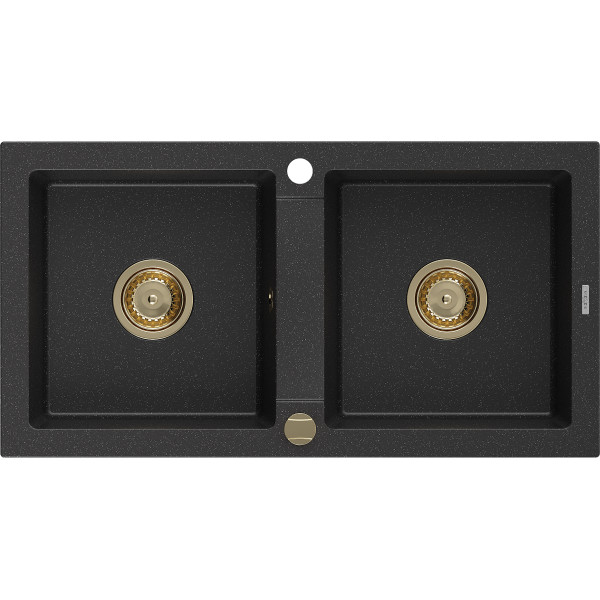 Mexen Mario   Chiuveta bucatarie granit 2 cuva+ cadou pop up sifon  820 x 436 mm, negru / chrom, sifon  auriu  - 6504822000-73-G