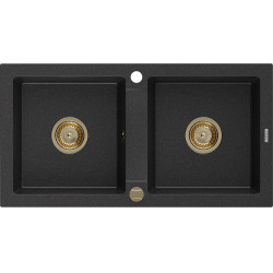 Mexen Mario   Chiuveta bucatarie granit 2 cuva+ cadou pop up sifon  820 x 436 mm, negru / chrom, sifon  auriu  - 6504822000-73-G 2 Cuva 467680 Mexen