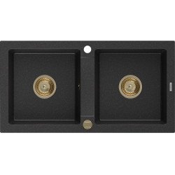 Mexen Mario   Chiuveta bucatarie granit 2 cuva+ cadou pop up sifon  820 x 436 mm, negru / chrom, sifon  auriu  - 6504822000-73-G 2 Cuva 467680 Mexen