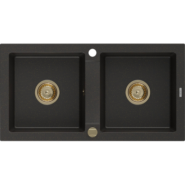 Mexen Mario   Chiuveta bucatarie granit 2 cuva+ cadou pop up sifon  820 x 436 mm, negru / auriu, sifon  auriu  - 6504822000-75-G